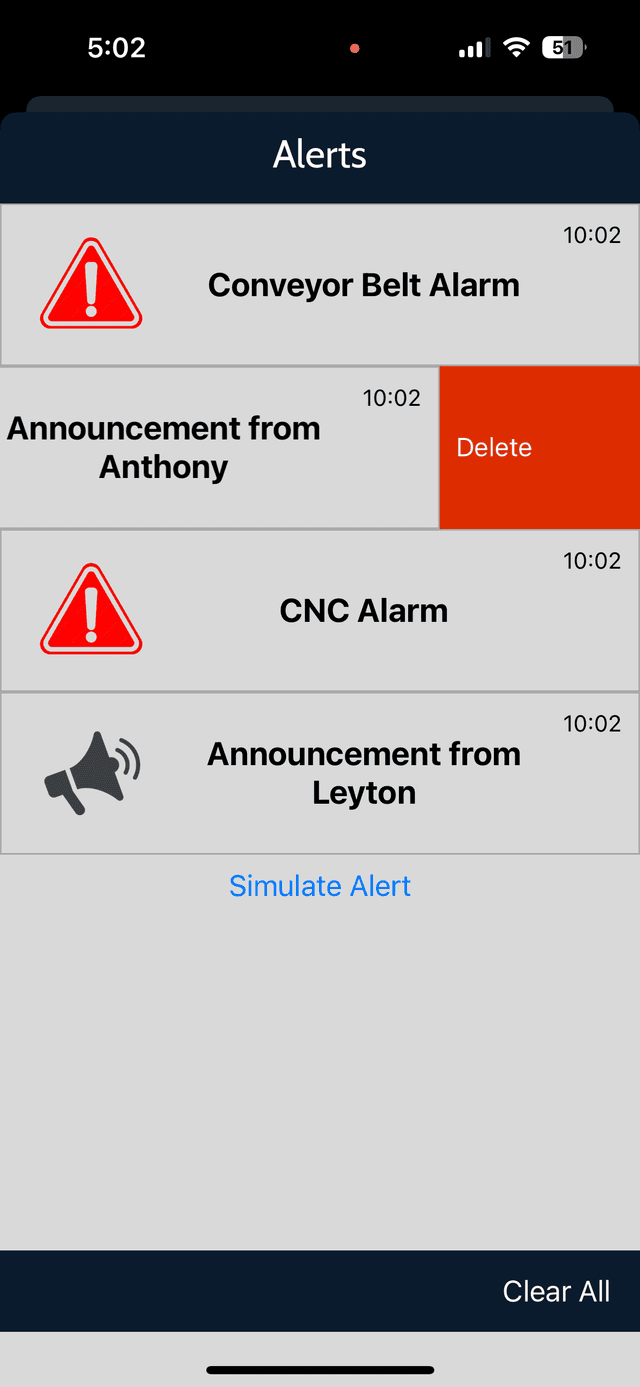 Alarms page with swipe to delete