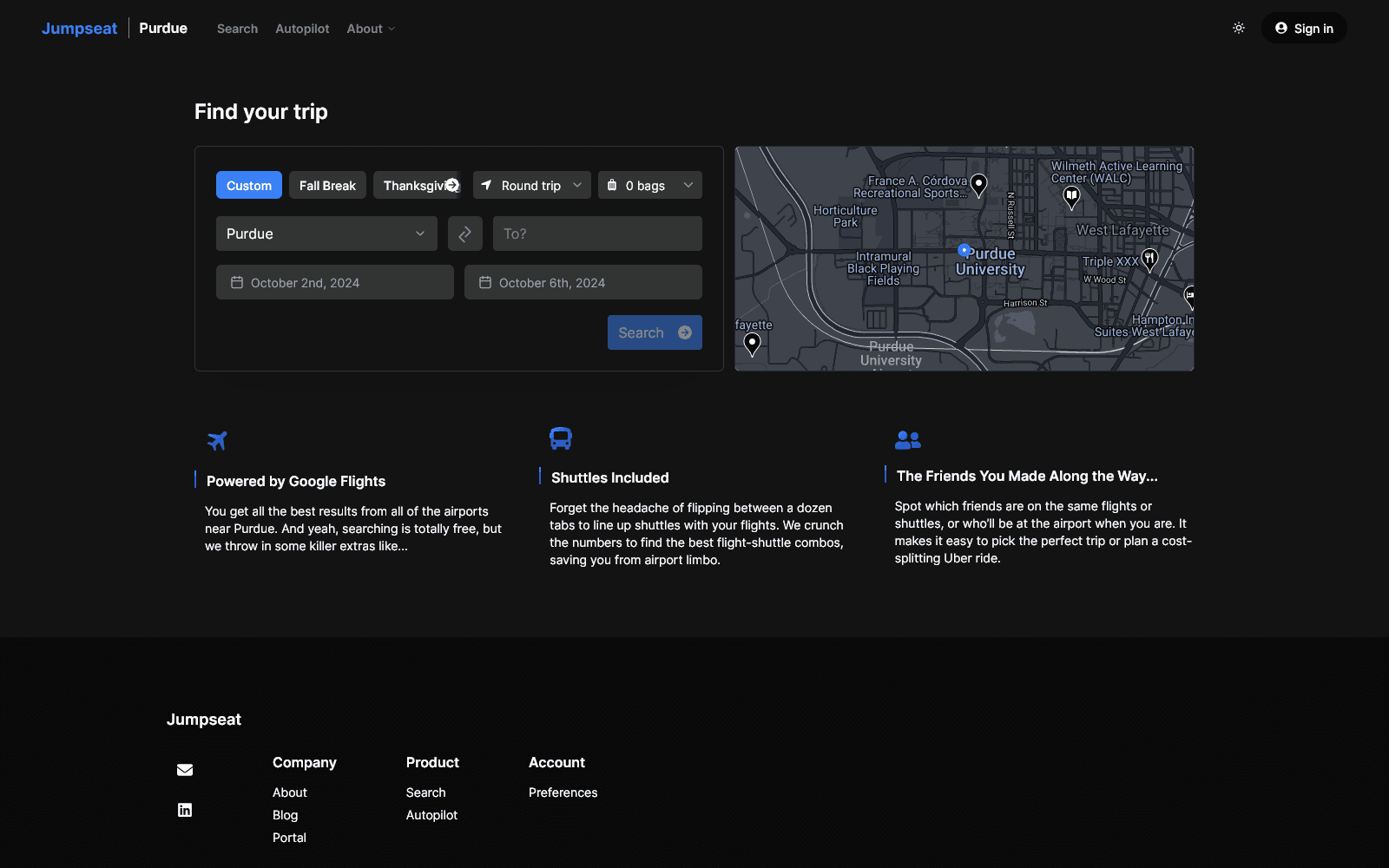 Search page with custom option for dates, dark mode.