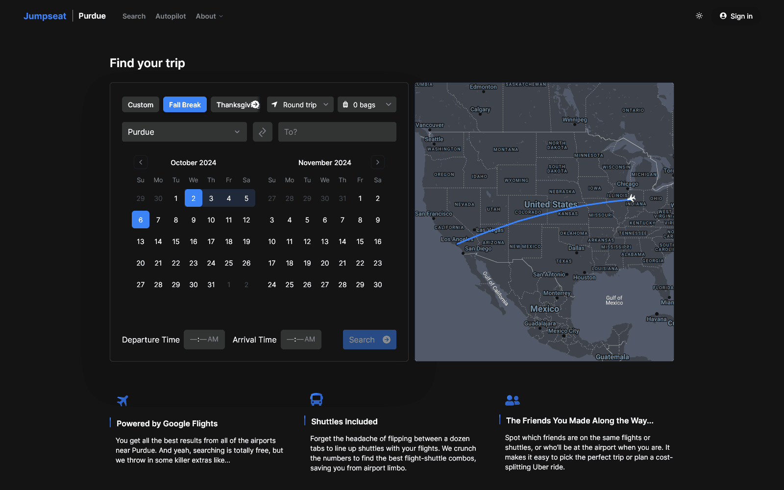 Search page with break options for dates, dark mode.