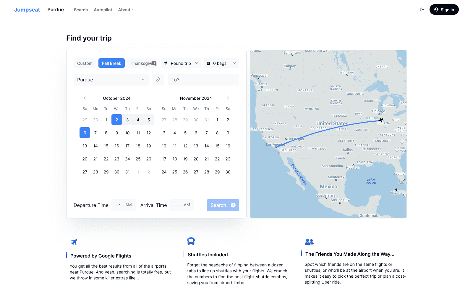 Search page with break options for dates.